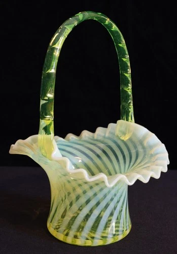 Large 9" Fenton Topaz Yellow Opalescent Uranium Vaseline Glass Ruffled Basket