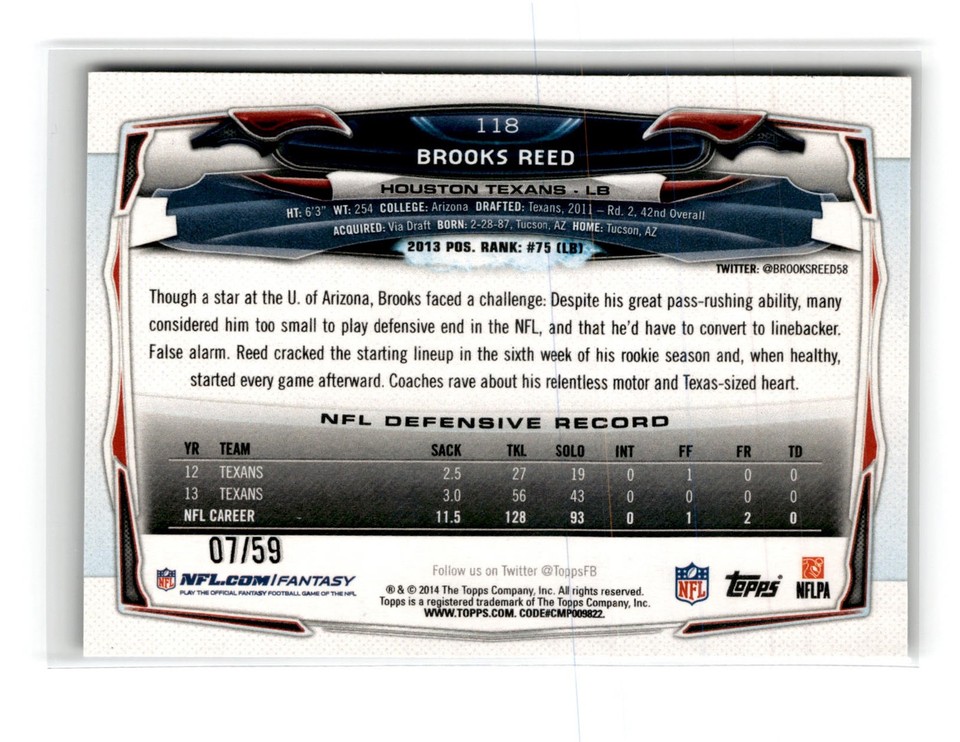 Brooks Reed 2014 Topps #118 Black 07/59 Houston Texans | eBay