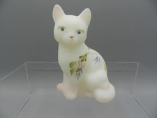 Fenton White Satin Glass Hand Painted Cat Figurine Floral Signed Numbered