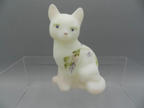 Fenton White Satin Glass Hand Painted Cat Figurine Floral Signed Numbered