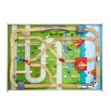 Wooden Kids Activity Train Table with 120 Pieces and Collapsible Storage Bin