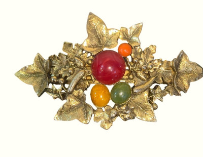 Vintage Gold-Tone Hair Barrette Colorful Accents Leaf Design Made In France