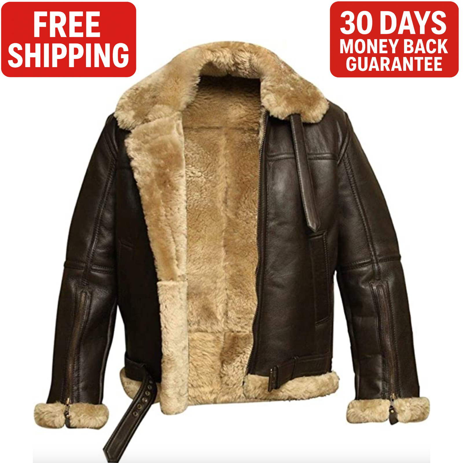 Men’s B3 Raf Real Leather Jacket Aviator Flying Bomber Sheep Pilot Coat Brown UK