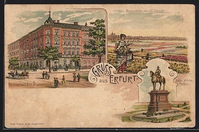 Lithographie Erfurt, Restaurant zur Blumenstadt, Frau am Blumenbeet, Kaiser Wil 