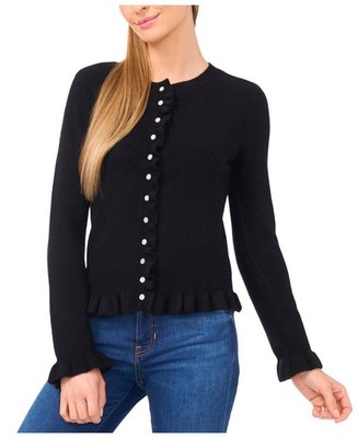 CeCe Black Ruffle Edge Long Sleeve Cardigan Size M NWT Soft Knit Women Sweater