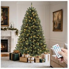 6ft Pre-Lit Artificial Christmas Tree Hinged Xmas Tree with Remote, 1000 Tips