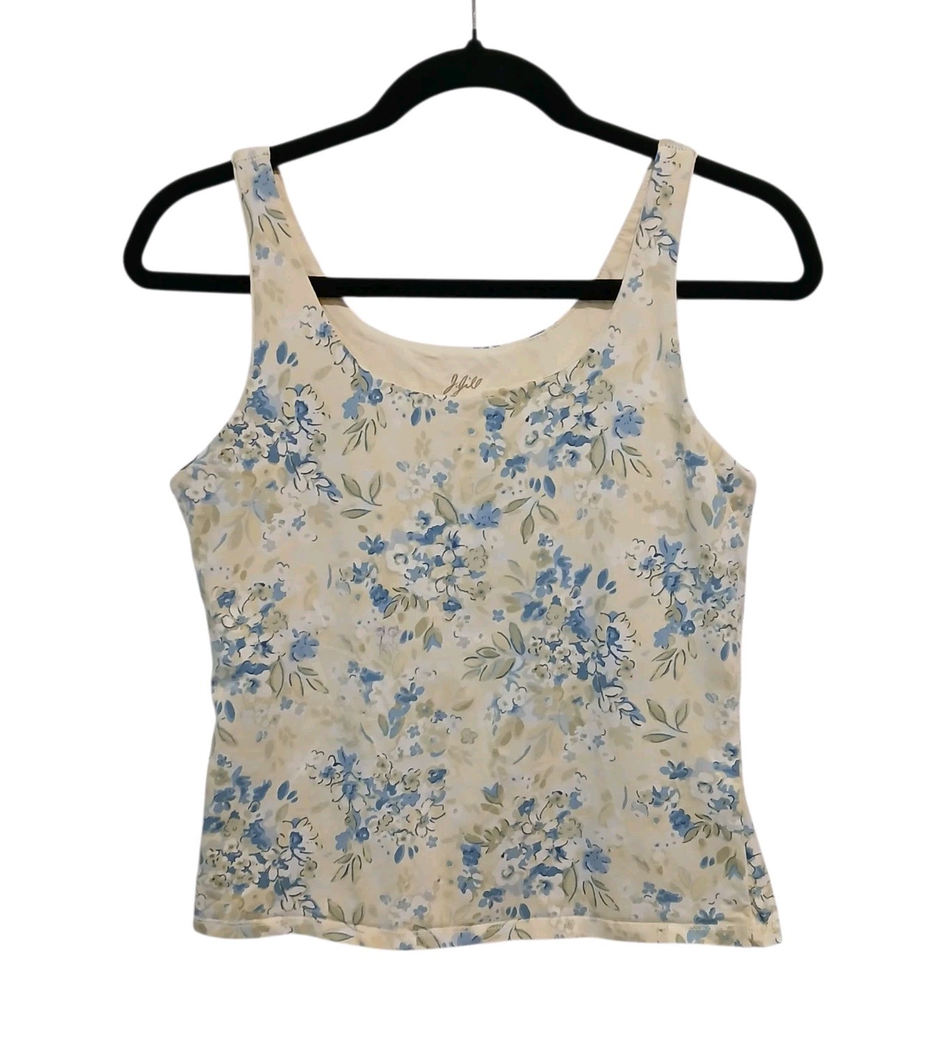 J.Jill Women's Yellow/Blue Floral Knit Shelf-Bra Scoop Neck Tank Top Medium