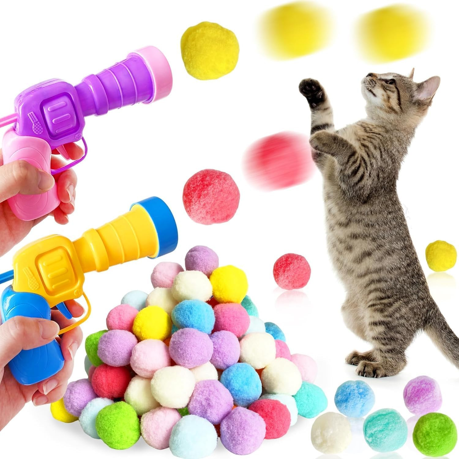 Lanciatore Automatico Manuale per Gatti + 100 Palline in Pom Pom