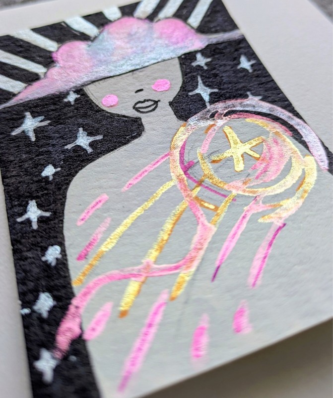 ACEO Original Celestial Moon Woman Alcohol Marker  Watercolor on Paper 2.5x3.5