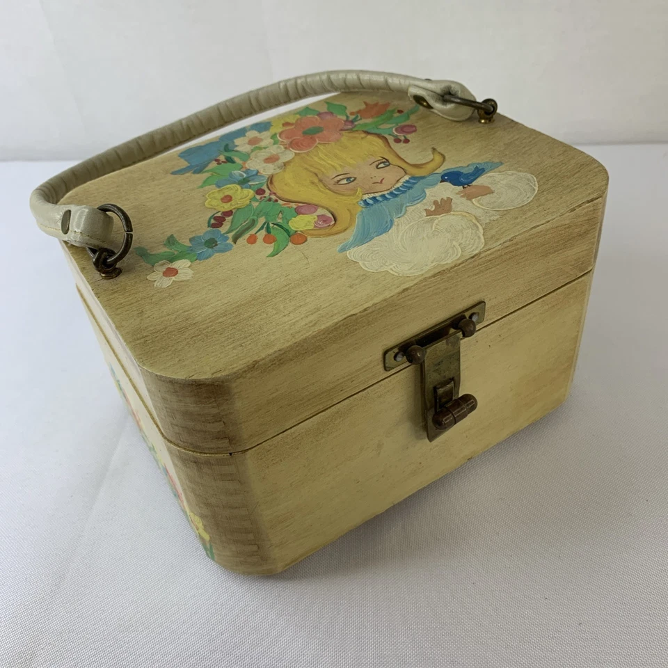 Caja de madera vintage años 60 cartera flores pájaros mod niña detalles coloridos joyero Foto 4 de 4