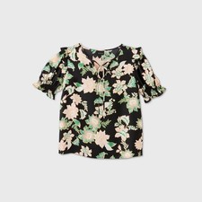 Who What Wear Womens Floral Blouse XS Black Ruffle Short Sleeve Tie Neck