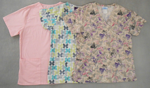 Womens Scrub Top Small Medical Pink Butterflies Solid Stretch Lot of 3