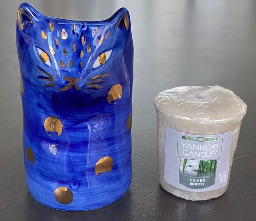 Anthropologie Cat Ceramic Vase Planter Voitive by Bird Can Fox | Gold Blue | 4"h - Picture 6 of 19