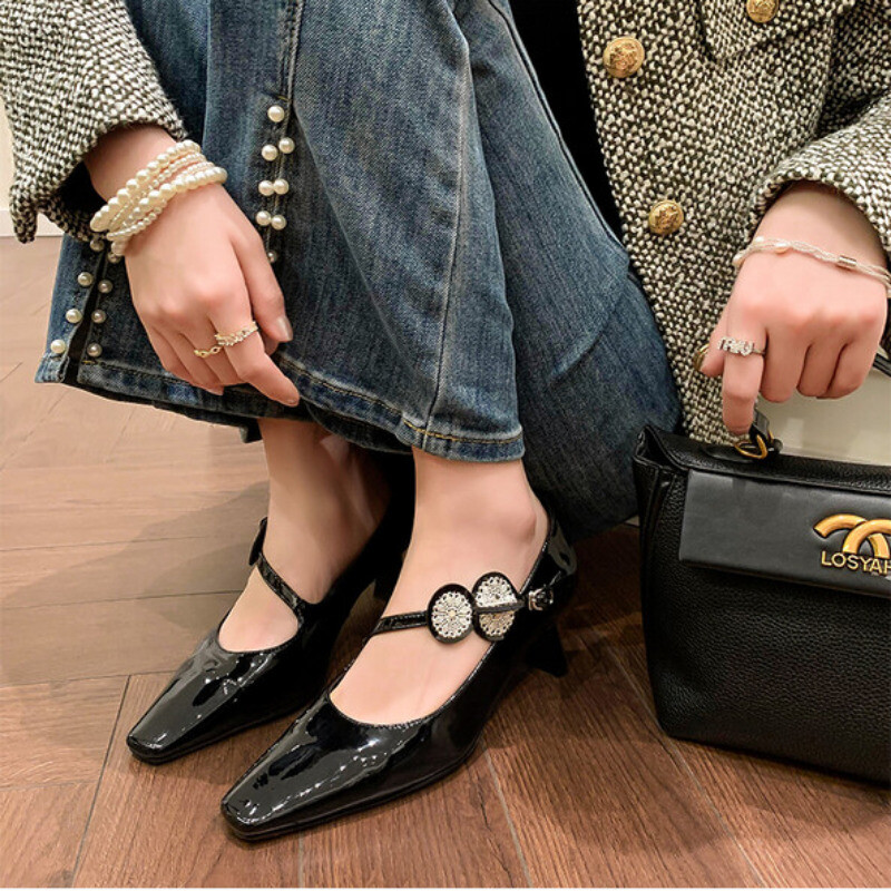 Womens Square Toe Rhinestone Decor Buckle Straps High Heels Mary Jane