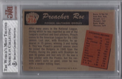 1955 BOWMAN #216 PREACHER ROE GRADED BVG 8 NM-MT LOW POP - Picture 2 of 2