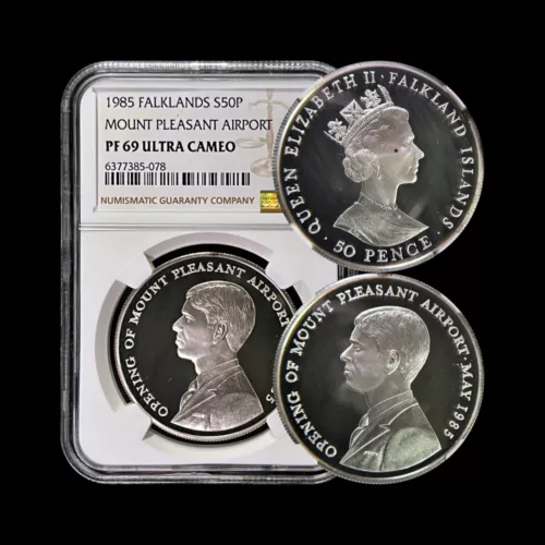 FALKLAND ISLANDS. 1985, 50 Pence, Silver - NGC PF69 - Top Pop 🥇 Airport, Andrew