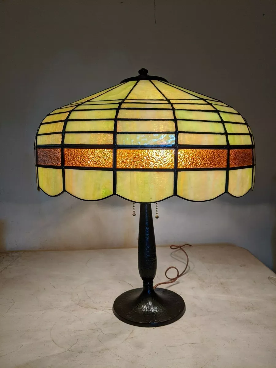 Antique Handel Lamp base with leaded stained shade Handel Era