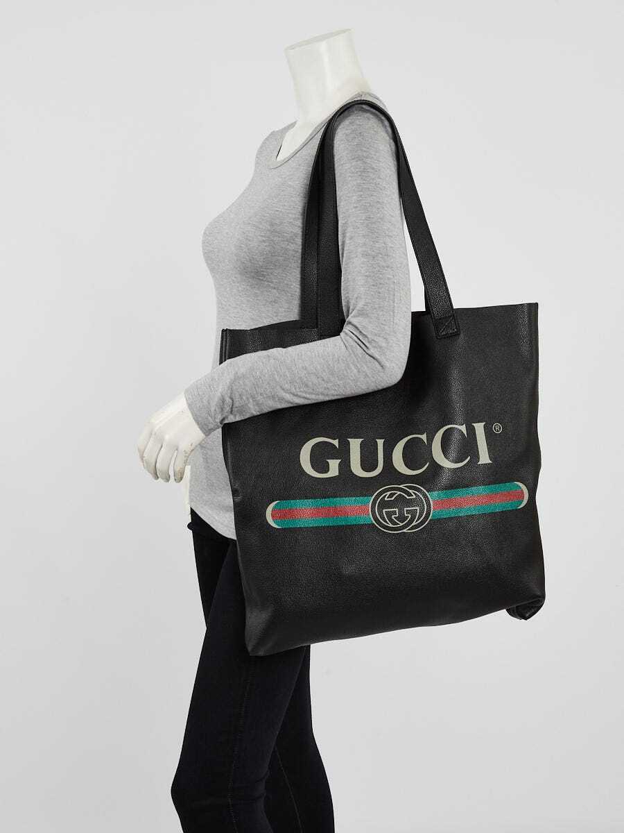 Gucci Black Pebbled Leather Logo Printed Tote Bag | eBay
