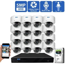 16 Channel NVR 16 x 5MP AI 2.8-12mm Varifocal Mic IP PoE Dome Security Camera 4T