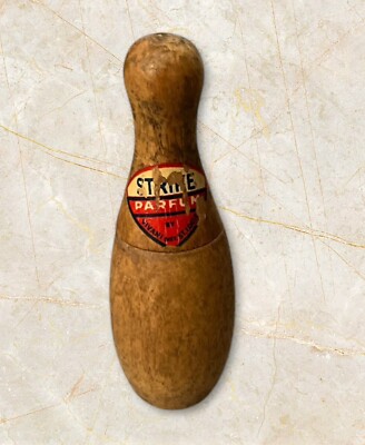 RARE Vintage Strike Parfum by Vivani St. Louis Miniature Wood Bowling Pin&Bottle