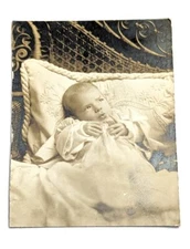 Antique Sepia Baby Print Photograph Ornate Bed on Cardboard Name Written on Back