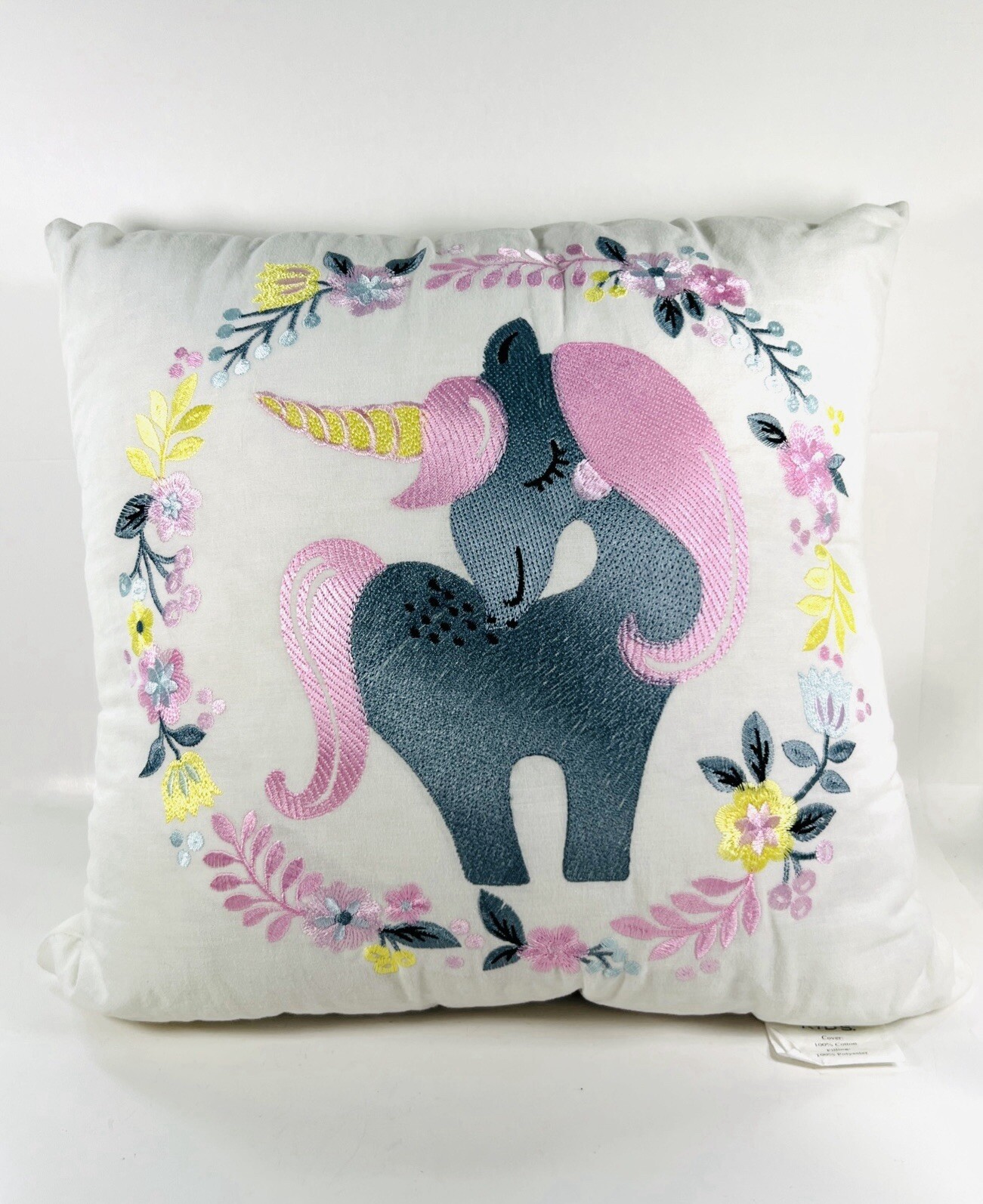Urban Habitat Kids Child Girls Pink Gray Embroidered Unicorn Floral Pillow