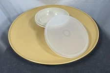 VINTAGE 3-PC TUPPERWARE NO. 492-5 YELLOW CHIP N DIP TRAY AND BOWL Near Mint