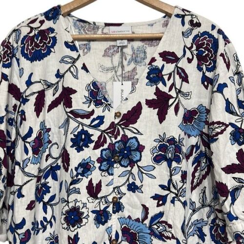 Robe en lin femme Liz Claiborne taille 18 blanche fleurie manches courtes ligne A NEUVE - Photo 3 sur 14