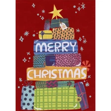 Stack of Colorful Patterned Gifts on Red Foil Background Christmas Card Boy