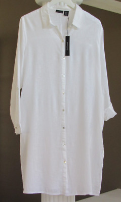 TAHARI White LINEN BLEND  Button Down Shirt Top Tunic Beach Cover-up Size M NWT