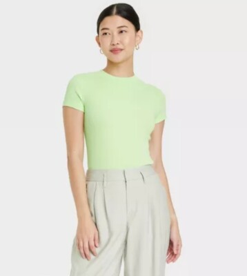 Women's Slim Fit Short Sleeve Ribbed T-Shirt - A New Day Lime Size Extra Small 