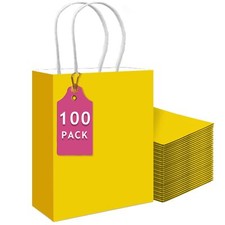 100PCS Gift Bag with Handles Bulk Bright Yellow Paper Bags Multiple Uses 13''...
