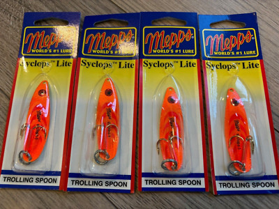 4 Rare Discontinued Mepps Syclops LITE Spoons 1/4oz Trolling Hot Orange Special