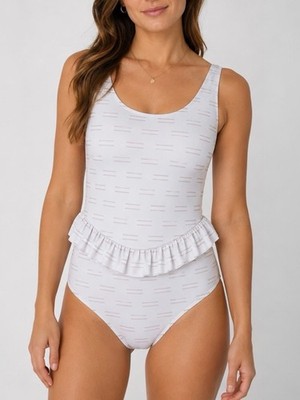 NWT Kortni Jeane One Piece The Skirted Swimsuit Sz XS Taupe Dashes Ruffle Modest