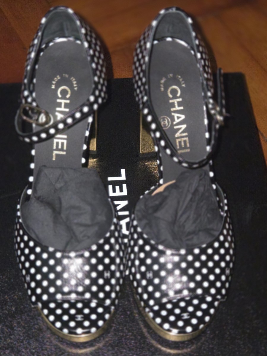 BNIB Chanel 24P Sandals Polka Dot Black White Gold Platform Size