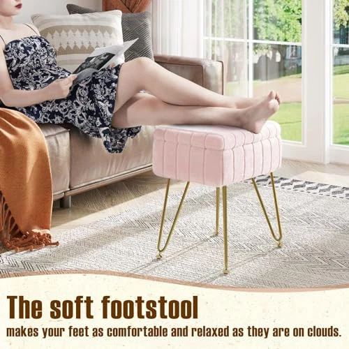  Vanity Stool Chair Faux Fur with Storage, 15.7"L x 11.8"W x 19.4"H Soft Pink - Image 2 of 4