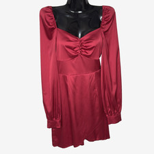Shein Dress Womens Medium Red Satin Ruched Long Sleeve Wrap Mini Square Neck