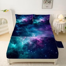 Blue Galaxy Sheet Set Twin: Space Bedding Set for Kids Teens Girls Boys Cloud St