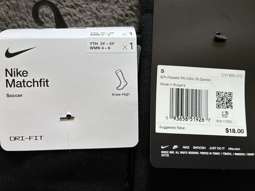 Nike Dri Fit Matchfit Soccer Socks Knee High OTC Black Size 3Y-5Y CV1956-010 - Picture 2 of 3