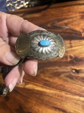 Silver Navajo 13 Concha Turquoise Black Leather Marked R Sterling Belt
