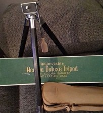 Vintage Accura Deluxe Pan Head Adjustable Tripod w Leather Case  Original Box