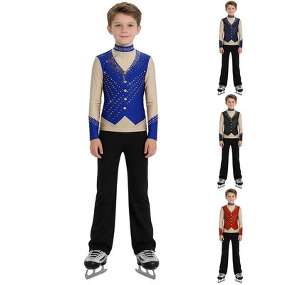 Kids Boys Sets Mock Neck Costumes Contrast Color Outfit Rhinestones 2Pcs Samba