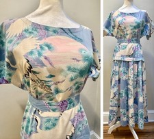 Vtg 80s 40s Drop Waist Tea Dress Komil Honolulu Hawaiian Asian Floral Cotton S/M