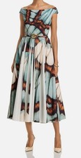 Oscar de la Renta Women's Blue Scoop Neck Butterfly Poplin Pleated Dress Size 2