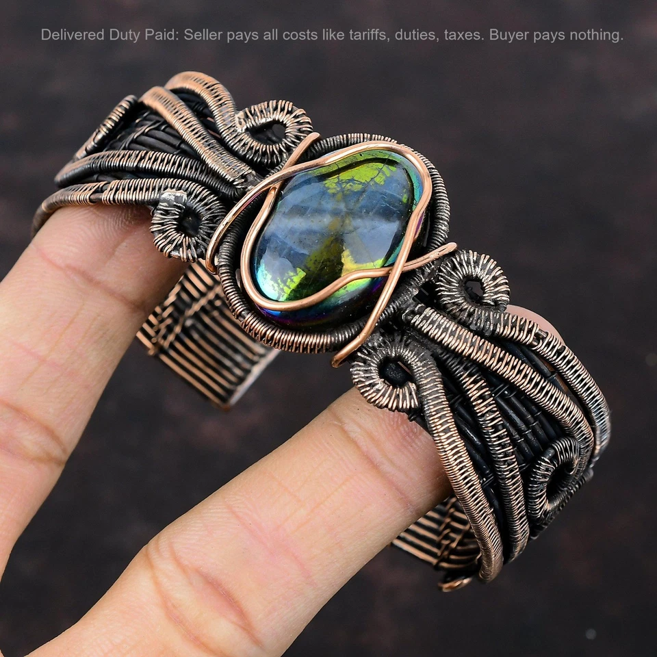 Natural Mystic Fire Labradorite Wire Wrapped Sister Wedding Cuff Jewelry Copper - Image 3 of 4