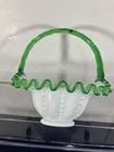 Fenton Green Emerald Crest Beaded Melon Glass Basket 7" High
