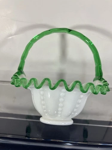 Fenton Green Emerald Crest Beaded Melon Glass Basket 7" High