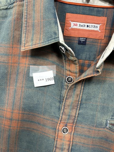 32 Bar Blues Shirt Mens Large Green Plaid Distressed Long Sleeve Button Flannel - Picture 13 of 13