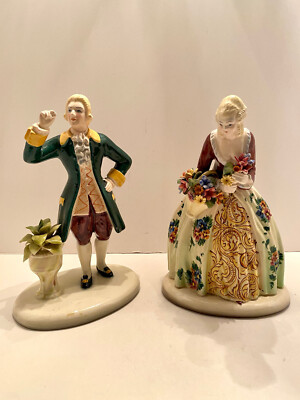 Vintage Italy Statue Figurine ZAB Paul Majolica Victorian Man woman Set