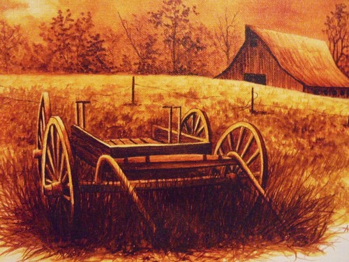 COUNTRY WAGON IN PASTURE... BARN IN BACKGROUND...FRAMED & SIGNED BY AGUIRRE - Picture 2 of 4